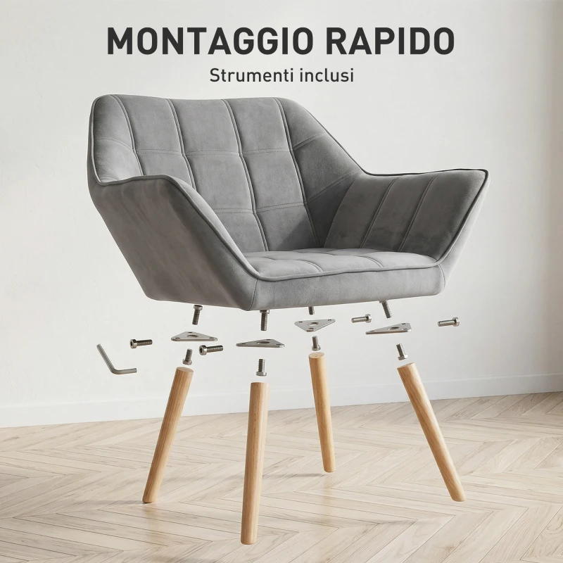HOMCOM Poltroncina Stile Nordico in Legno ed Effetto Velluto Grigio per Soggiorno o Ufficio, 67x61.5x71 cm