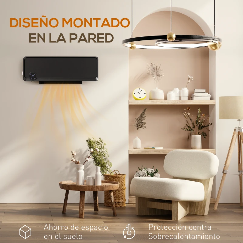 HOMCOM Calefactor Eléctrico de Pared 1000W/2000W Estufa con Pantalla LED IPX2 y Mando a Distancia 56x11,7x18,5 cm Negro