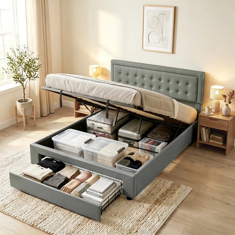 HOMCOM PU Leather King Size Ottoman Bed Frame, with Front Drawer - Grey