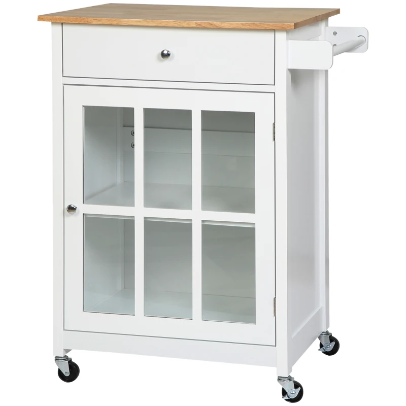 HOMCOM Küchenwagen Küchenrollwagen Servierwagen mit Räder Schublade Weinablage MDF Gummiholz Weiß+Eiche 67 x 48 x 86,5 cm