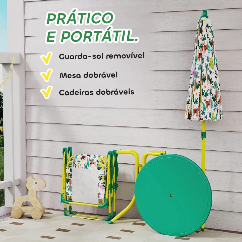 AIYAPLAY Conjunto Infantil de Mesa e Cadeiras de Jardim de 4 Peças Cadeiras Dobráveis Chapéu de Sol Desmontável Design de Selva Verde