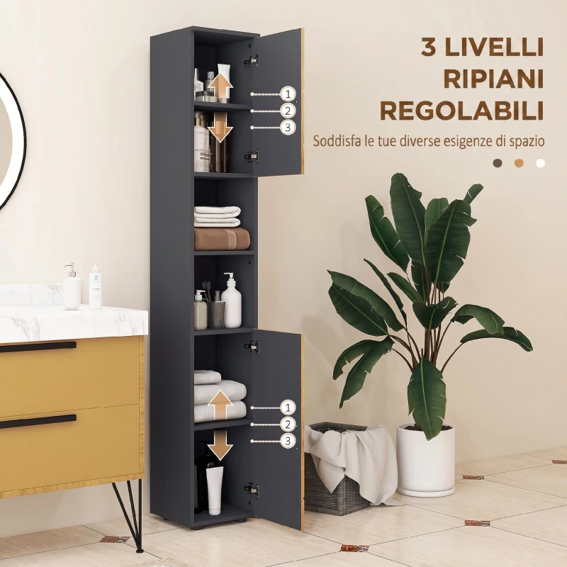 kleankin Colonna Bagno in Truciolato con 2 Ripiani Aperti e 2 Armadietti a 2 Livelli, 30x30x183 cm, Rovere
