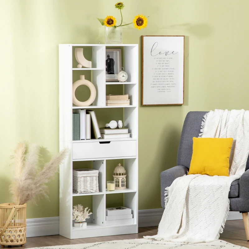 HOMCOM Estantería de Madera con 1 Cajón y 9 Compartimentos Mueble Librería para Salón Oficina Estudio 60x26x158cm Blanco