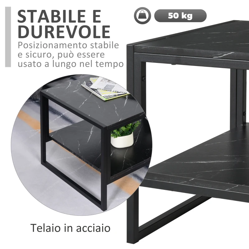 HOMCOM Tavolino da Caffè Nero, Tavolino Effetto Marmo con Ripiano Inferiore, da Soggiorno o Ufficio, Design Moderno, Telaio in Acciaio, 106x50x45cm, Nero