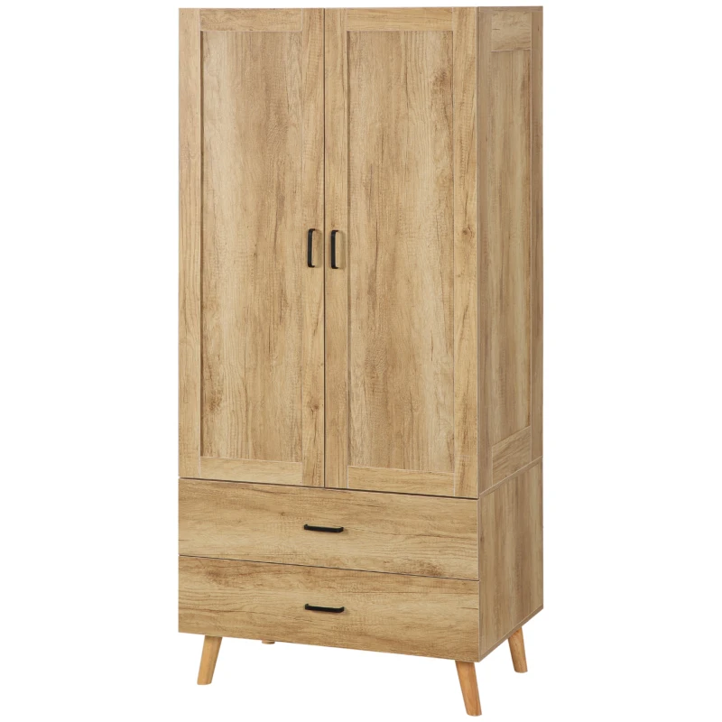 HOMCOM Armadio 2 Ante a Battente con 2 Cassetti e Asta Appendiabiti, 80x54x180 cm, Legno