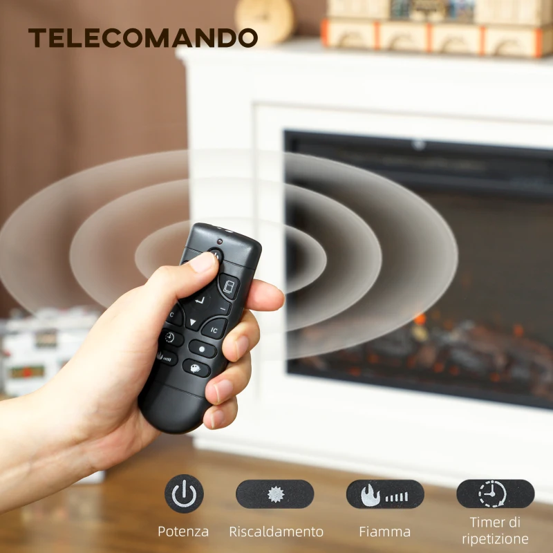 HOMCOM Camino Elettrico con Fiamma a 12 Colori e 5 Luminosità, Telecomando e Timer, 98x25x80 cm, Bianco e Nero