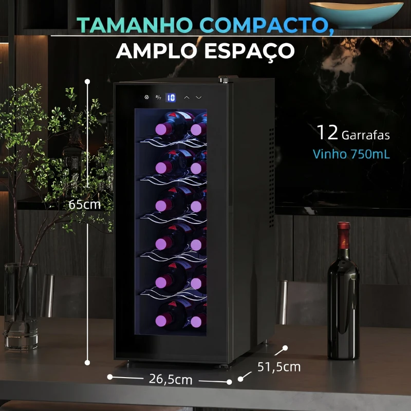 HOMCOM Cave de Vinhos 12 Garrafas com Dupla Refrigeração Termoelétrica Temperatura Ajustável 8-18℃ Porta de Vidro Anti-UV Ecrã LED Luz Interior Preto