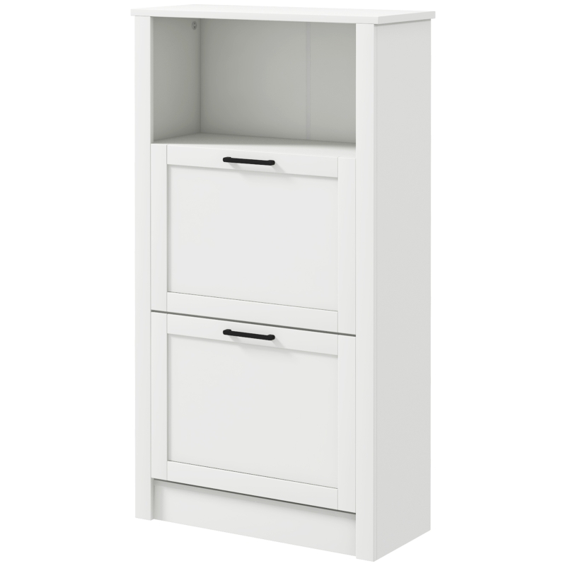 HOMCOM Modern Shoe Cabinet with 2 Flip Drawers and Adjustable Shelves, Narrow Shoe Storage Cabinet with Open Compartment, Holds 10 Pairs for Entryway, Hallway, White