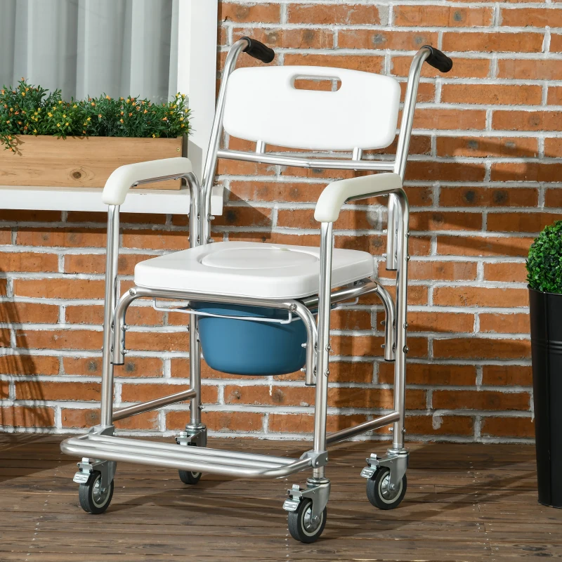 HOMCOM Sedia Comoda con Ruote per Anziani 3 in 1, Sedia per WC in Alluminio con Secchio Rimovibile, Bianco