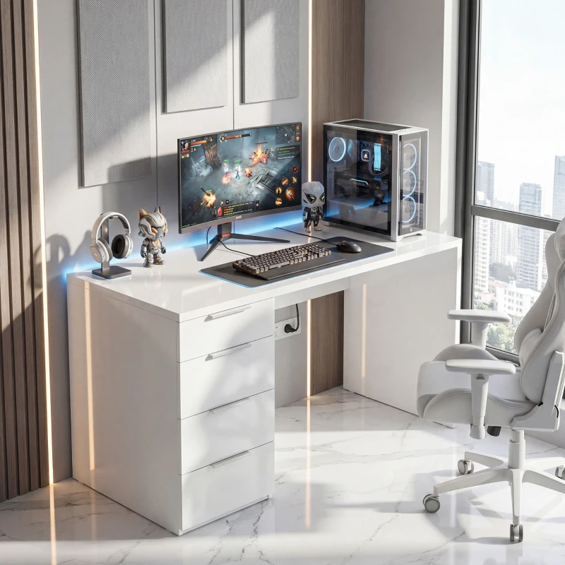 HOMCOM Birou Compact Masă Computer 4 Sertare 110x61,5x75 cm Alb