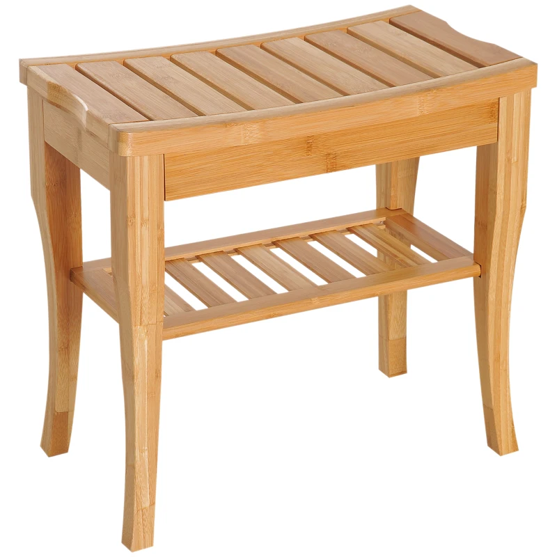 HOMCOM 45cm 2-Tier Slatted Shower Bench Storage Seat w/ 4 Legs Comfortable Safe Bathroom Stool Spa Bath Organiser