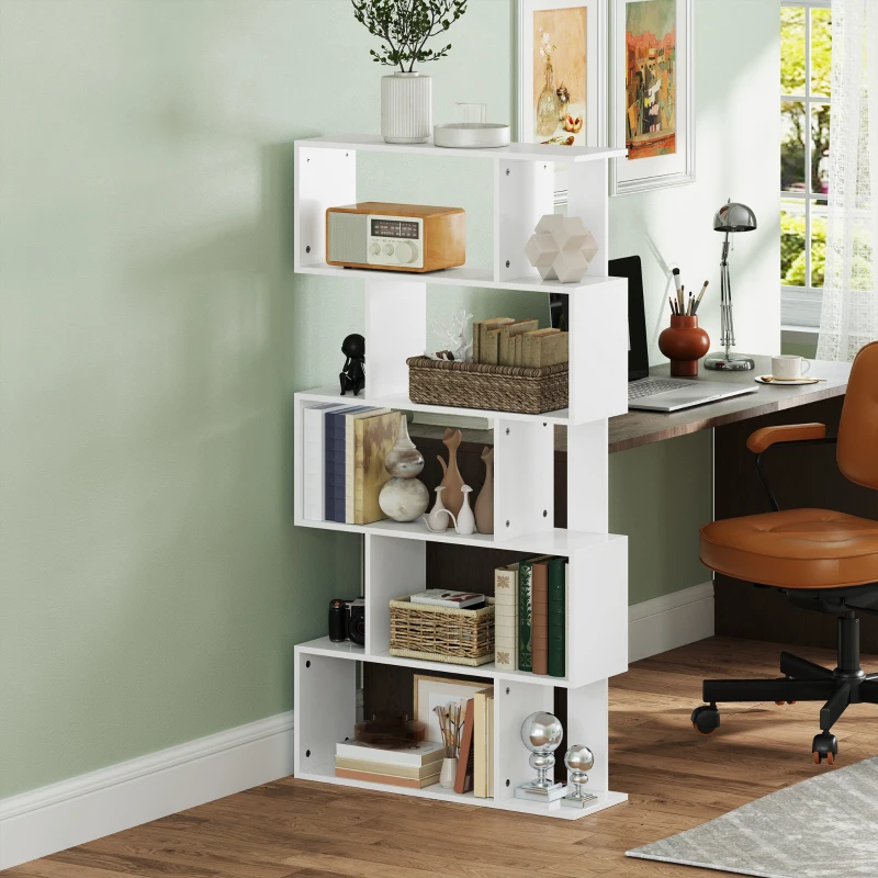 HOMCOM Bibliotecă asimetrică cu 5 niveluri și 10 rafturi deschise, din lemn, 80x24x159 cm, alb