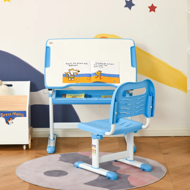HOMCOM Pupitre Infantil 2 en 1 Juego de Escritorio y Silla para Niños de +6 Años con Altura Ajustable Mesa Regulable en Ángulo y Bandeja Deslizante 66x47x77 cm Azul