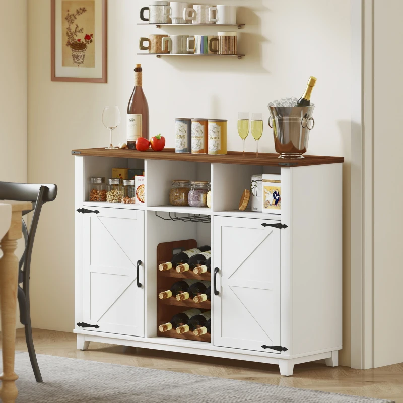 HOMCOM Aparador de Cocina Rústico con Estantes Ajustables y Botellero Mueble Auxiliar para Comedor, Salón 120x37x88 cm Blanco