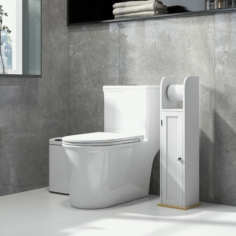 kleankin Armário Casa de Banho Armário com Prateleiras Ajustáveis e Suporte para Papel Higiénico 20x20x80 cm Branco