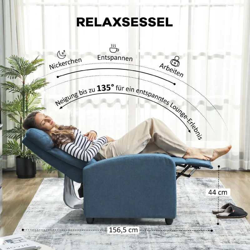 HOMCOM Fotoliu Relax Reclinabil Manual cu Suport pentru Picioare și Tapițerie din Țesătură, Albastru