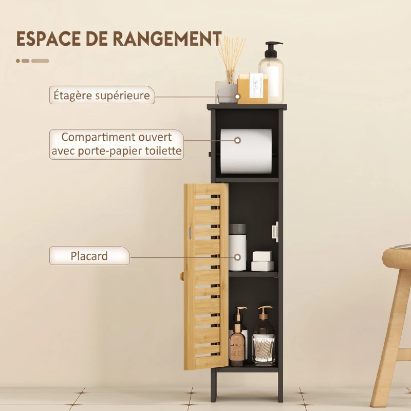HOMCOM Meuble de salle de bain avec support papier toilette barre amovible 3 Niveaux + Sortie Papier, 78H cm, Bambou noir