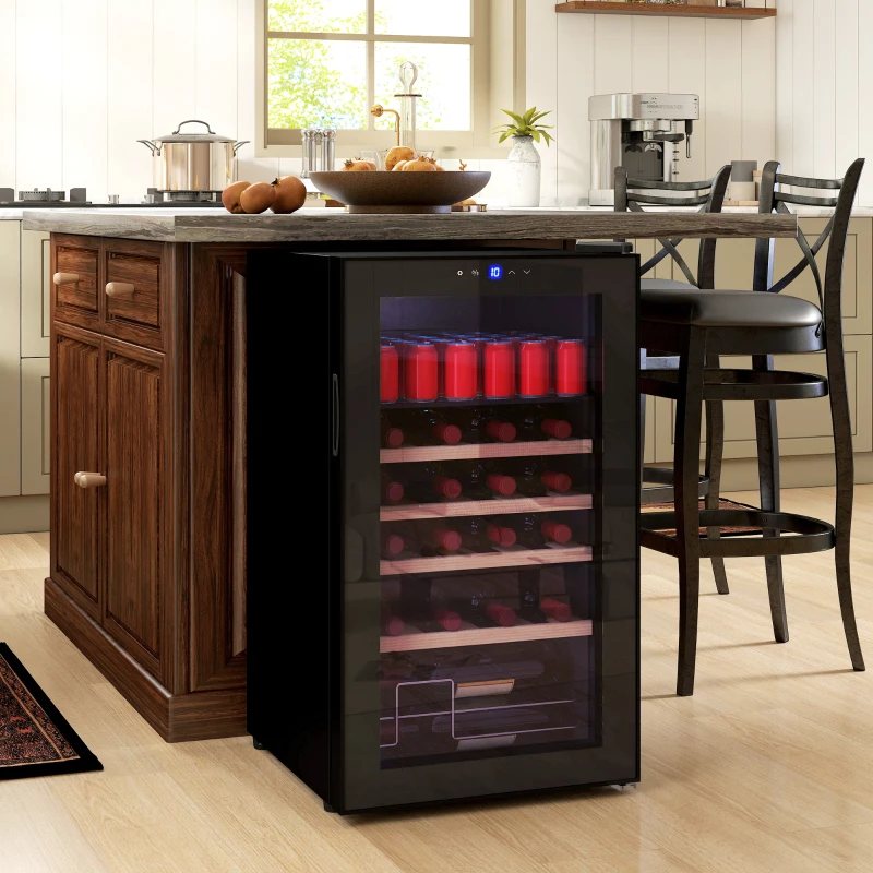 HOMCOM Cantinetta Frigo per Vino da 63L con Ripiani Regolabili per 16 Bottiglie e 25 Lattine, 43x45x74 cm, Nero