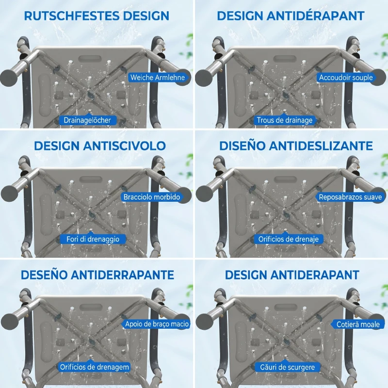 HOMCOM Taburet pentru Duș Reglabil cu Brațe și Orificii de Drenaj, din Aluminiu, HDPE și EVA, 52x45x57-69 cm