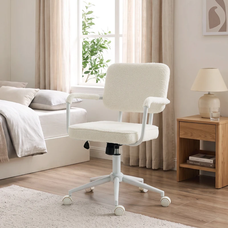 HOMCOM Bürostuhl aus Sherpa-Fleece, Drehstuhl mit 360°-Drehfunktion, Wippfunktion, höhenverstellbar, mit PU-Rollen, cremeweiß