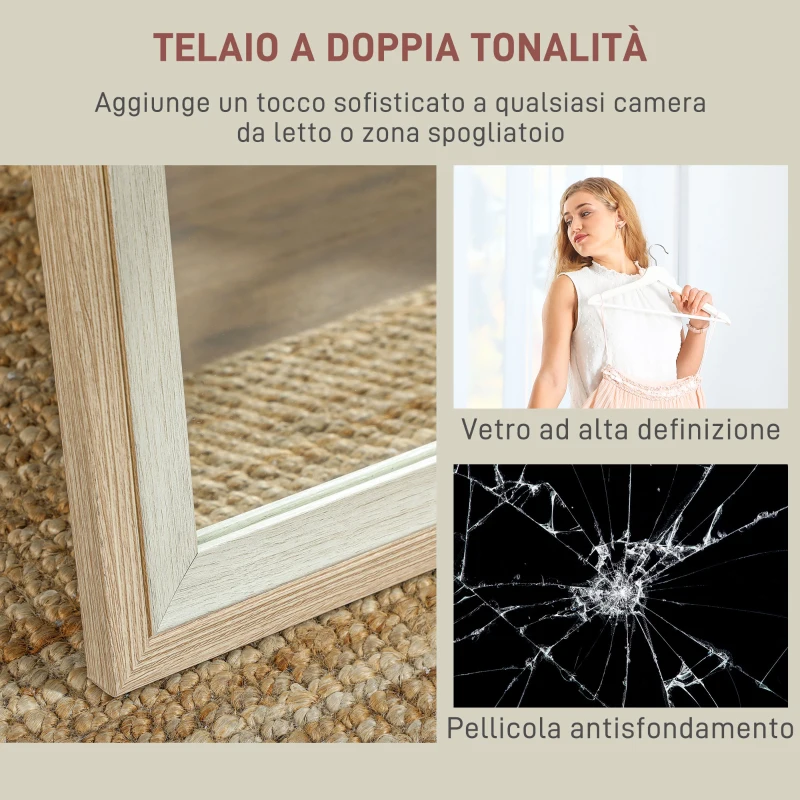 HOMCOM Specchio Moderno a Figura Intera da Parete e Autoportante, 37x157 cm, Bianco e Legno