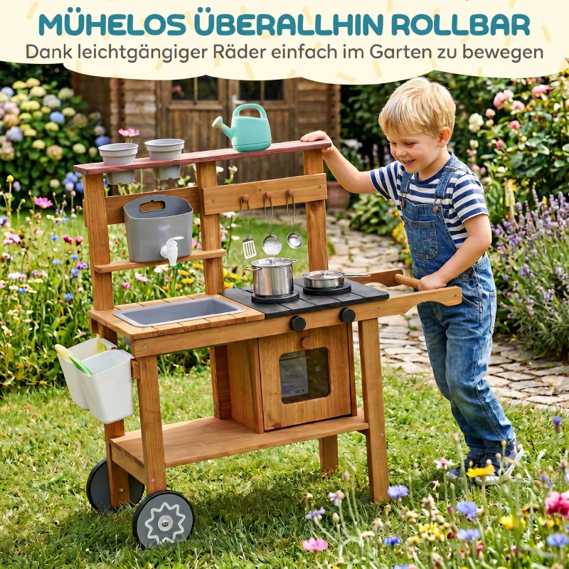 AIYAPLAY Matschküche Kinder Outdoor Spielküche aus Holz mit Wasserhahn Spüle Pflanzkasten Rädern Stauraum für 3-6 Jahre Braun