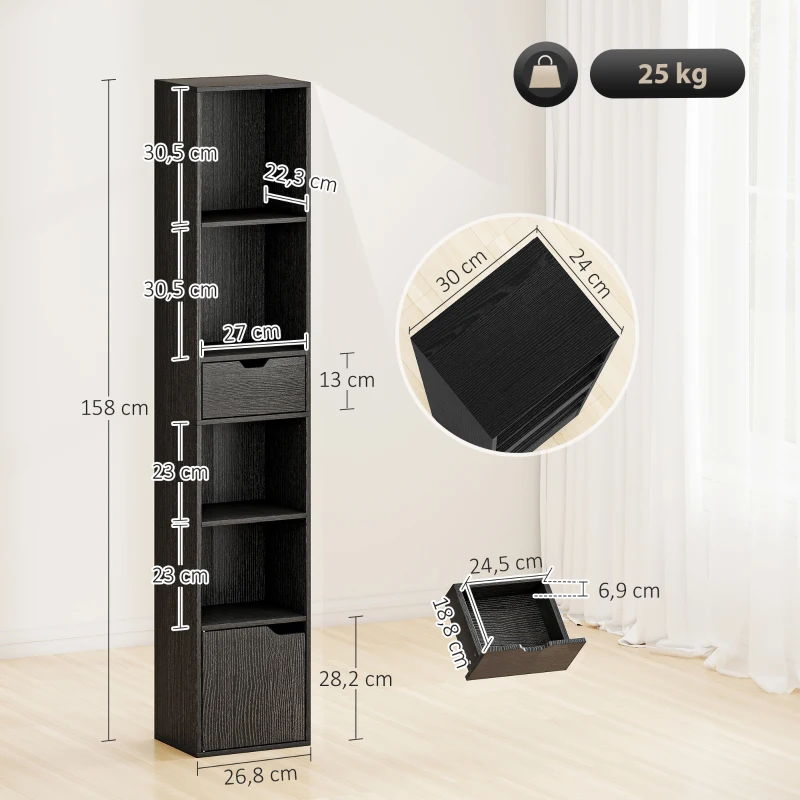 HOMCOM Bibliothèque, étagère à livres, meuble de rangement avec tiroir placard compartiments ouvertes, 30 x 24 x 158 cm, noir