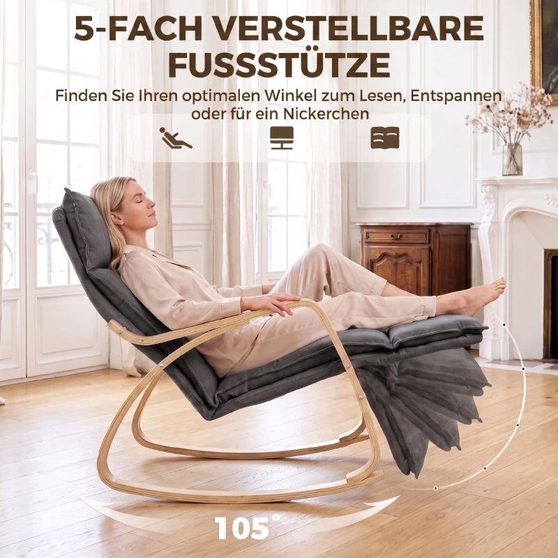 HOMCOM Schaukelstuhl in Leinenoptik mit 5-fach verstellbarer Fußstütze und Leinenoptik, für Wohnzimmer, Dunkelgrau