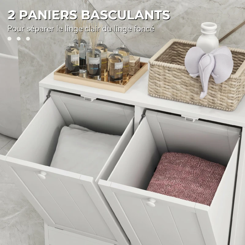 kleankin Meuble salle de bain avec panier à linge, armoire salle de bain en bois avec 2 portes et 2 paniers, 66x33x68cm, blanc