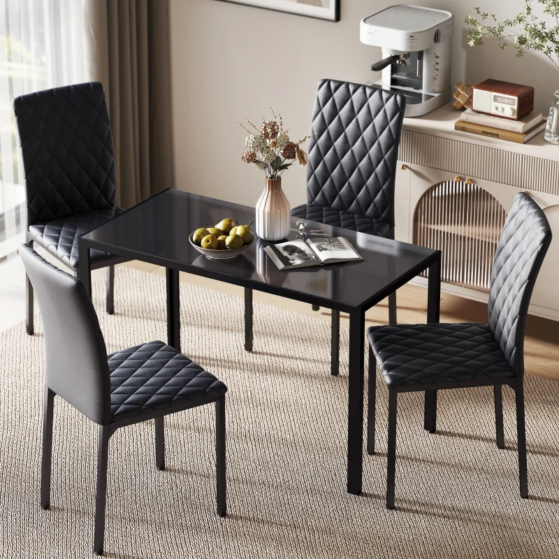 HOMCOM 5 Piece Dining Set, Kitchen Table with Glass Top, Faux Leather Chairs, Black