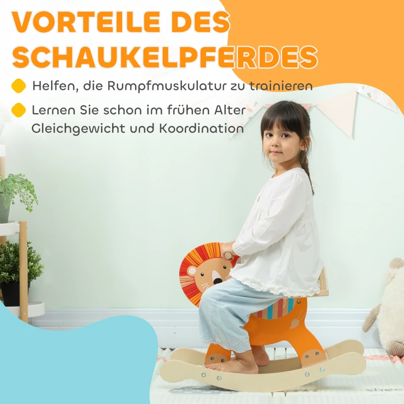 AIYAPLAY Schaukelpferd mit Löwen-Design, 25 kg Belastbarkeit, 2-5 Jahre, Holz, Orange