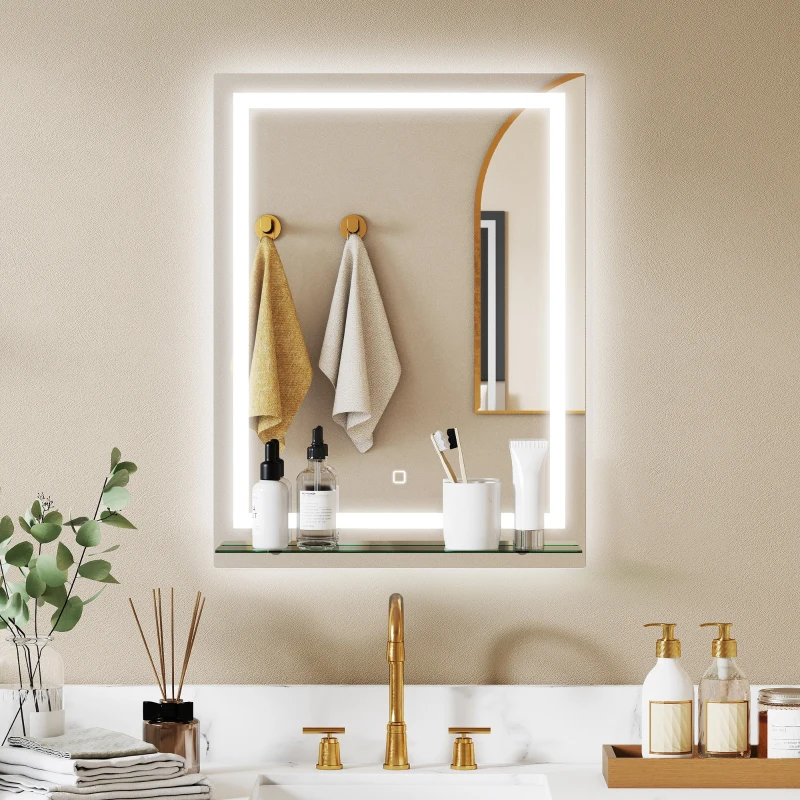 kleankin Espelho de Casa de Banho com Luzes LED 60x80 cm 3 Cores de Luz Brilho Ajustável Prateleira de Vidro Função de Memória Prata