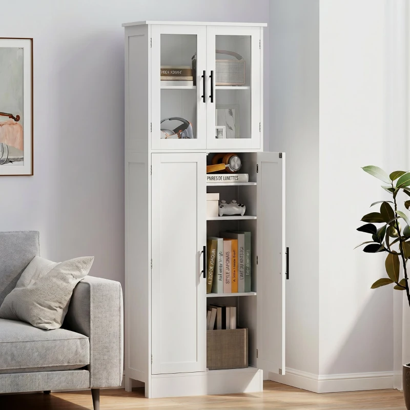 HOMCOM Meuble de salle de bain haut 6 niveaux, meuble de rangement avec 4 portes dont 2 vitrées et étagères réglables, blanc