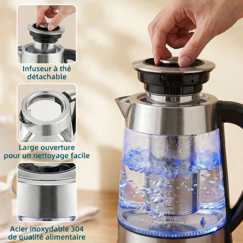 HOMCOM Bouilloire électrique, 1,7L, ébullition rapide 2200W avec thermostat strix, infuseur à thé, fonction maintien au chaud