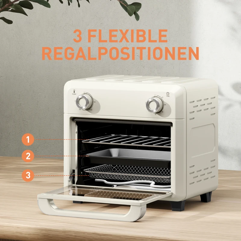 HOMCOM mini-oven met hetelucht, 10 liter airfryer, compacte oven met 60-minuten timer en binnenverlichting, 80-230℃, 3 insteekniveaus, vaatwasserbestendig accessoire, 1000W, crème wit(m-5)