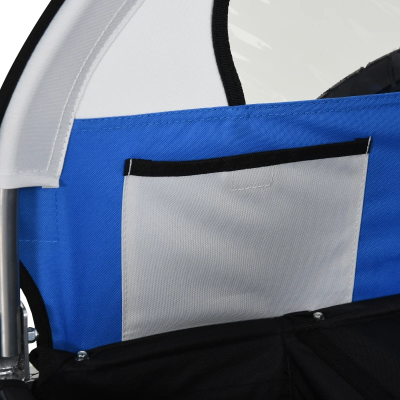 HOMCOM Rimorchio Bici Bambini con 2 Posti, 2 Cinture di Sicurezza, Telaio in Acciaio e Copertura in Tessuto Oxford Blu