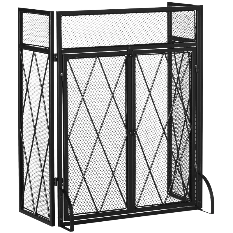 HOMCOM Grille de protection pour cheminée 120 x 79 cm - pare-feu pour cheminée ou poêle - pare-étincelles - barrière de sécurité - 3 volets pliables et porte - métal noir(m-12)