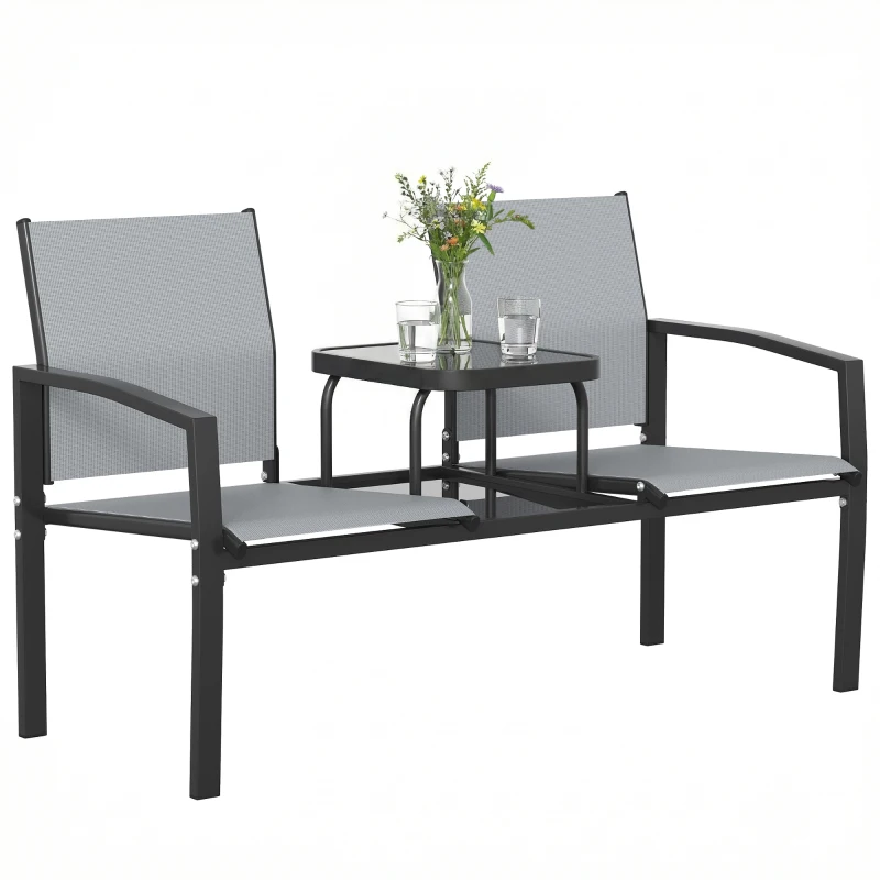 Outsunny 2-Sitzer Gartenbank Sitzbank mit Rücken- & Armlehnen, 2-stufigem Glastisch Parkbank 240kg belast 135 x 67 x 81 cm Grau