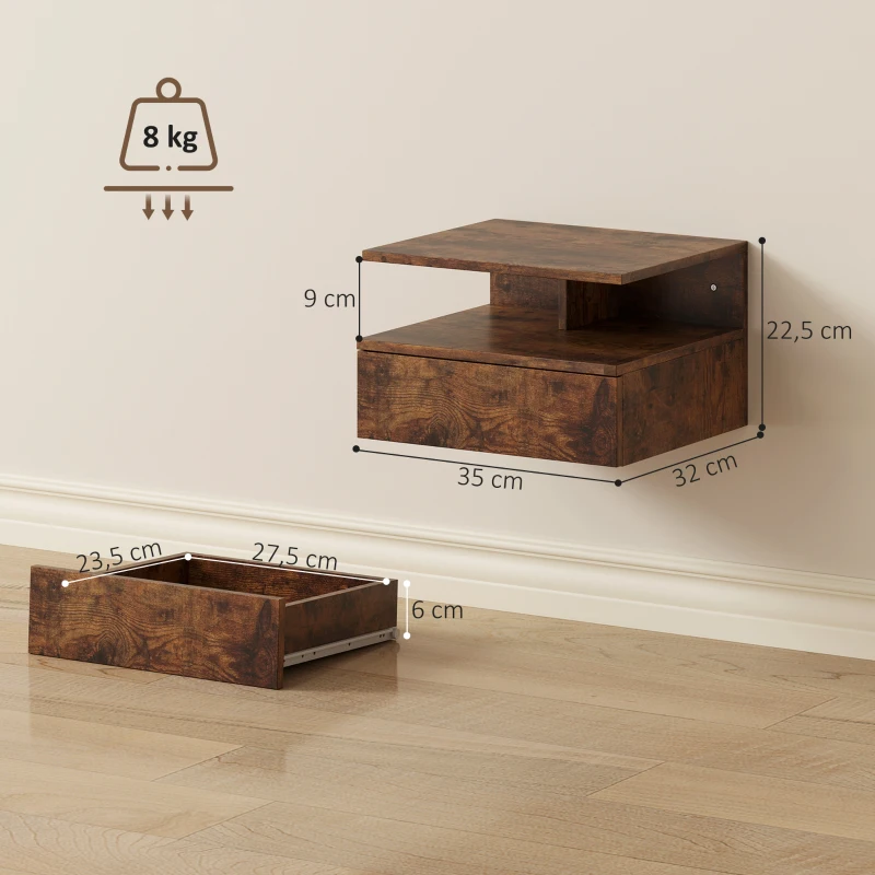 HOMCOM Juego de 2 Mesitas de Noche Flotantes con Cajón Montado en la Pared 35x32x22,5 cm Marrón Rústico