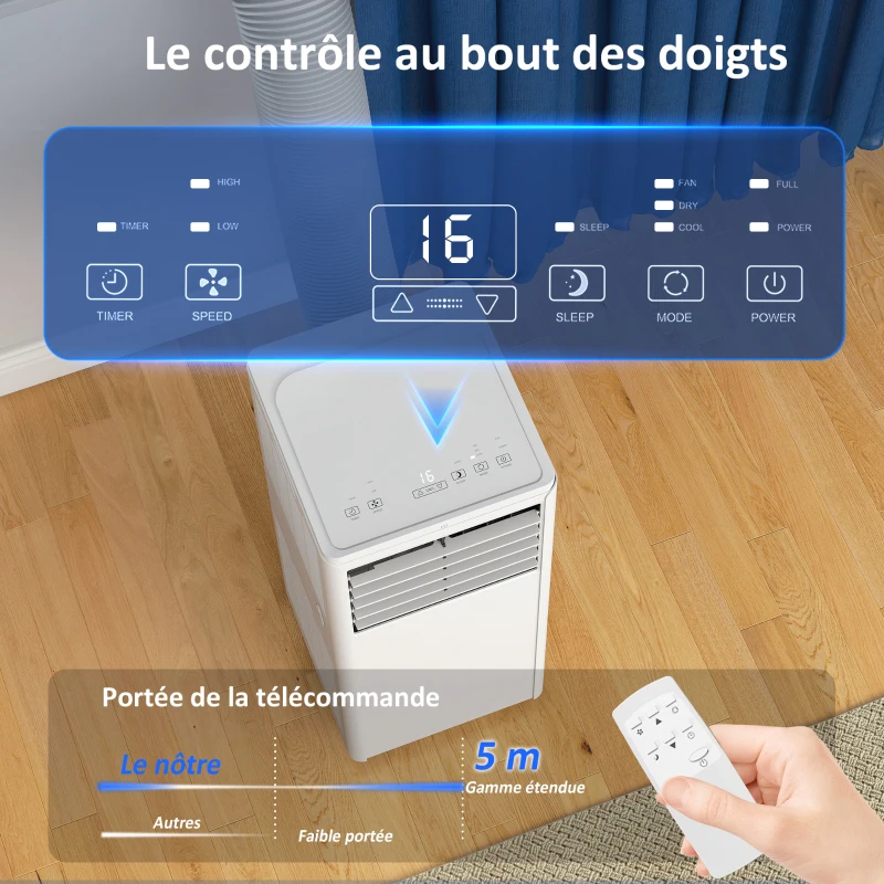 HOMCOM Climatiseur mobile 9000 BTU, climatiseur portable 4 en 1, refroidissement, déshumidificateur, ventilateur, mode nuit