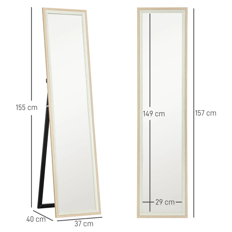 HOMCOM Espejo de Cuerpo Entero 157x37 cm Espejo de Pie o de Pared con Marco de MDF y Soporte Blanco y Natural