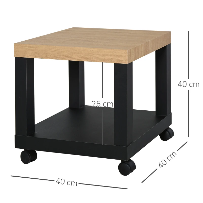 HOMCOM Table d'appoint roulante, table basse moderne avec étagère ouverte, 40 x 40 x 40 cm, bois naturel & noir