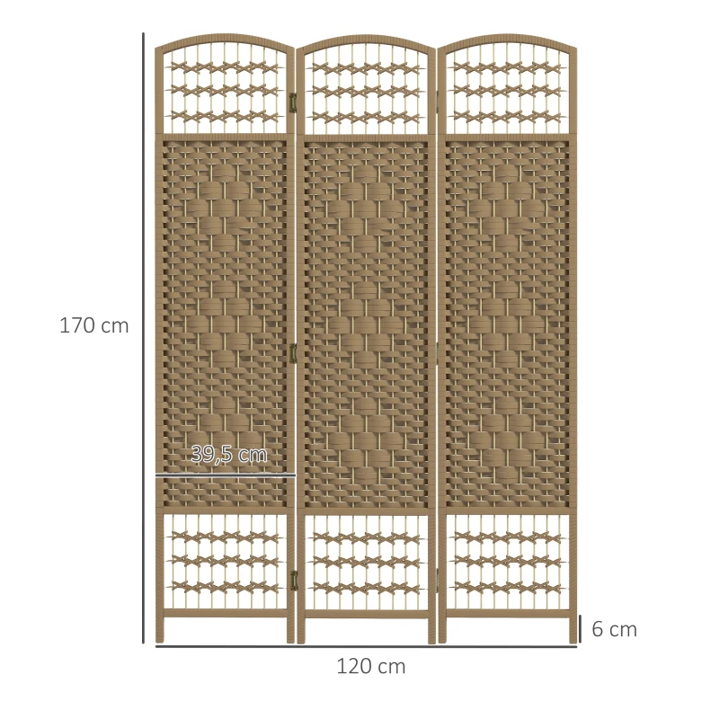 HOMCOM Biombo Separador de Ambientes com 3 Painéis Dobrável em Corda de Papel 120x170 cm Decoração para Quarto Madeira