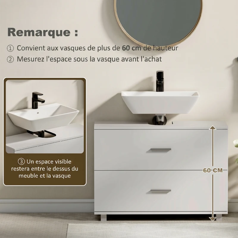 HOMCOM Meuble sous lavabo, meuble de salle de bain avec 2 tiroirs, style moderne, 80 x 30 x 60 cm, blanc