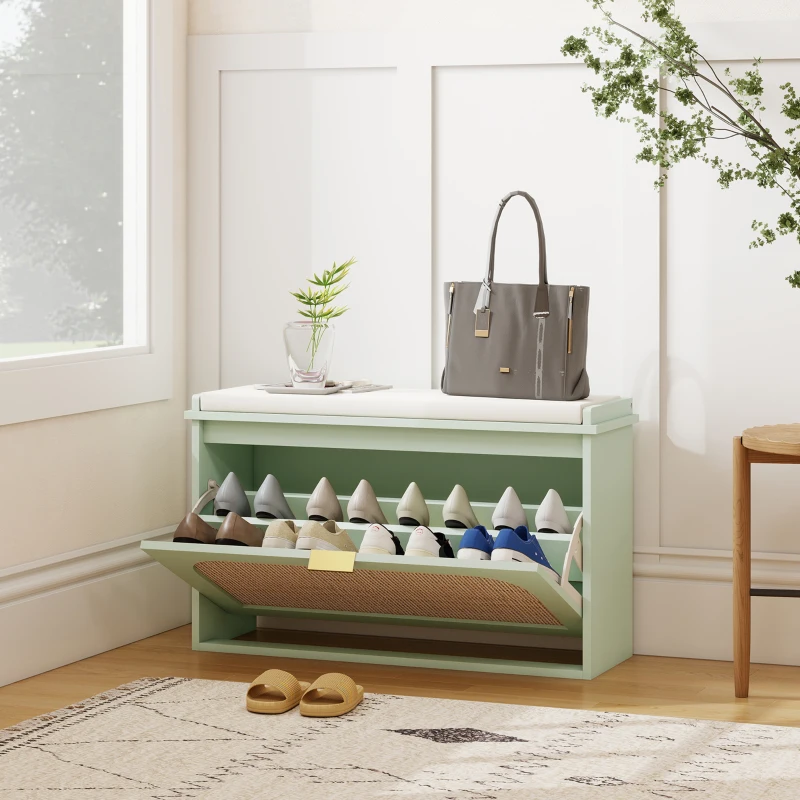 HOMCOM Banc à chaussures, banc de rangement, assise rembourrée, tiroir rabattable, porte en rotin, 80 x 26 x 47,5 cm, vert