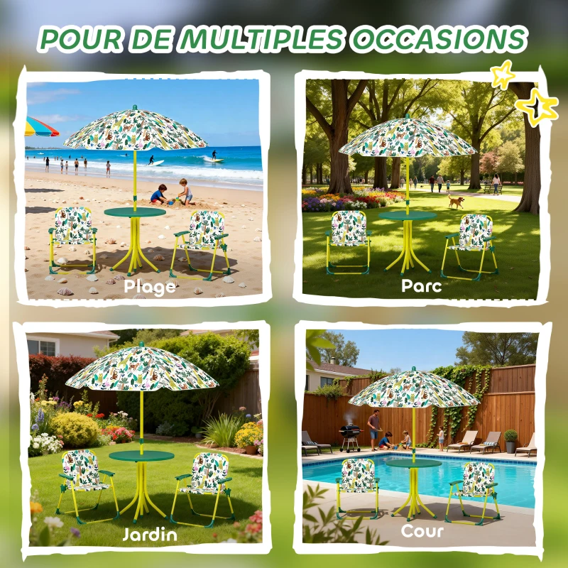 AIYAPLAY Ensemble Salon de Jardin Extérieur Enfant avec 2 Chaises Pliantes et Parasol, Thème Jungle, pour Jardin, Terrasse, Vert