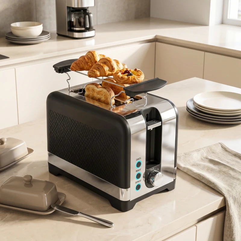 HOMCOM 2-Scheiben-Toaster mit 7 Bräunungsstufen, Aufwärm-/Auftau-/Abbruchfunktionen, Wärmerost, 930 W
