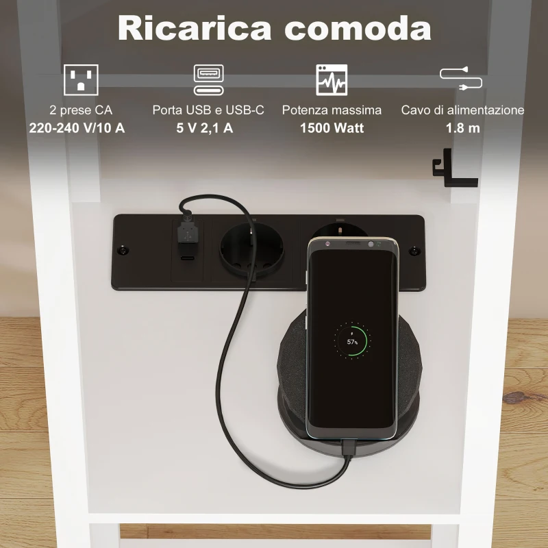 HOMCOM Lampada da Terra con Ripiani, Luce Regolabile, Interruttore a Pedale e Porte USB, Bianco