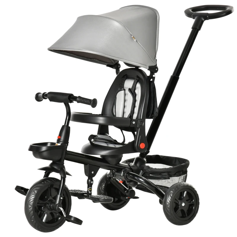 HOMCOM Dreirad mit Schubstange drehbarer Sitz 4-in-1 Kinderdreirad Kinder Fahrrad klappbar abnehmbar Kinderauto Metall EVA Grau 111,5 x 52 x 98 cm