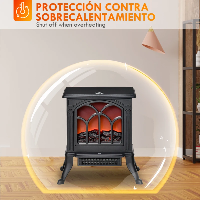 HOMCOM Chimenea Eléctrica de Pie 750/1500 W con 2 Niveles de Potencia Efecto Llama Área de Cobertura 15-20 m² Negro